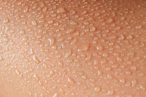 Sweat droplets on skin from sweating